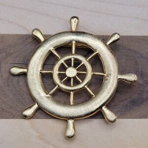 Vintage Large Gold Tone Ships Wheel Brooch Pin